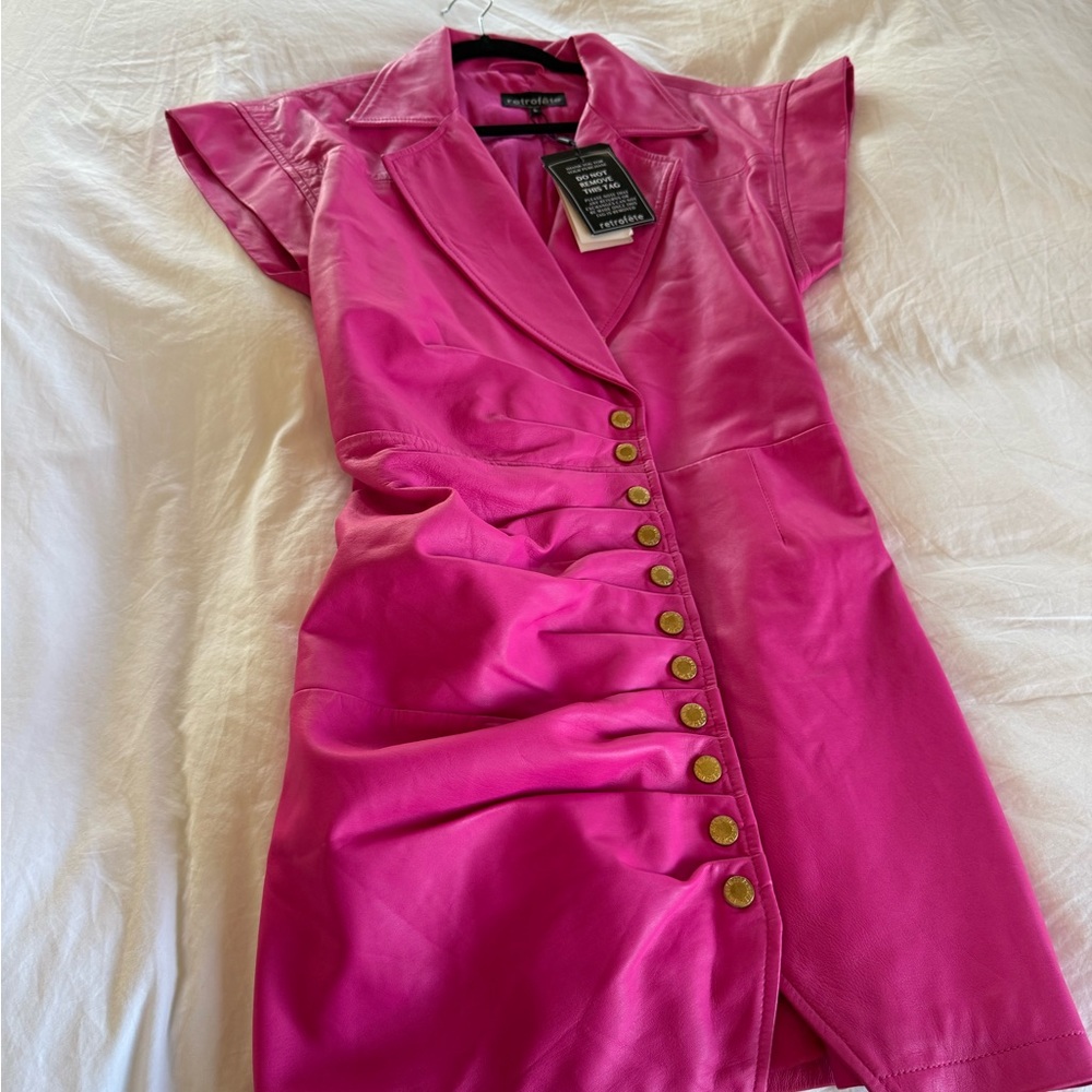 Retrofete Fuchsia Mini Dress with Gold Buttons